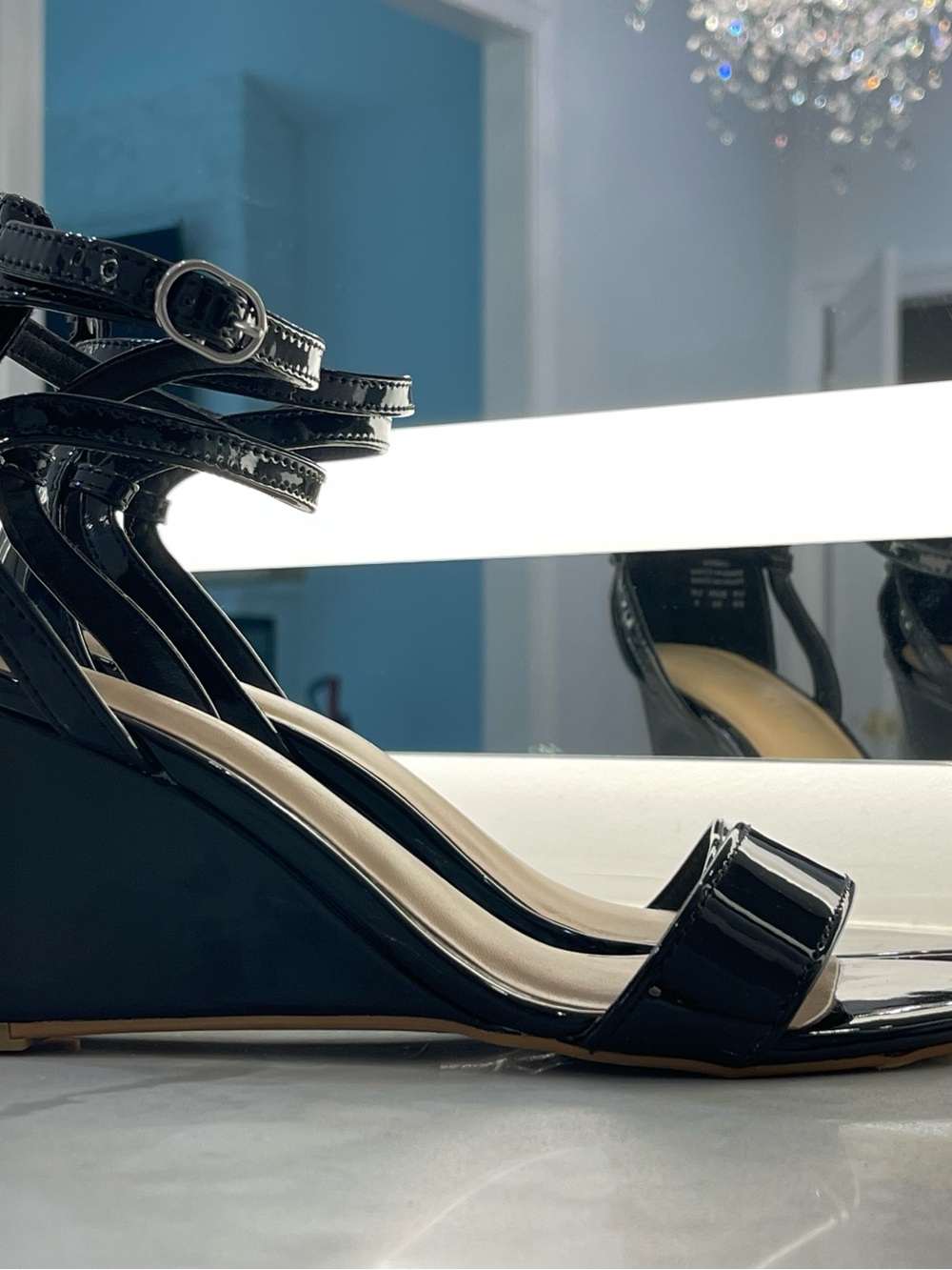 Kelly & Katie’s Perfect Black Patent Leather Double Ankle-Strap Wedge Sandals